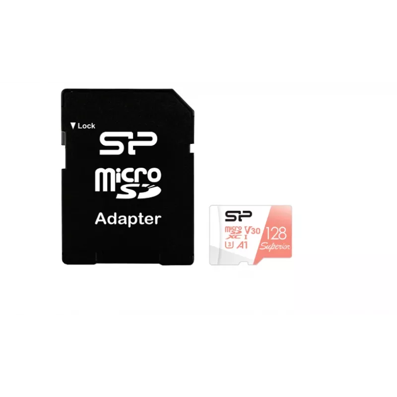 MicroSDXC karte Silicon Power Superior 128GB UHS-I Class 10 U3 V30, 100/80 MB/s, balta/persiku