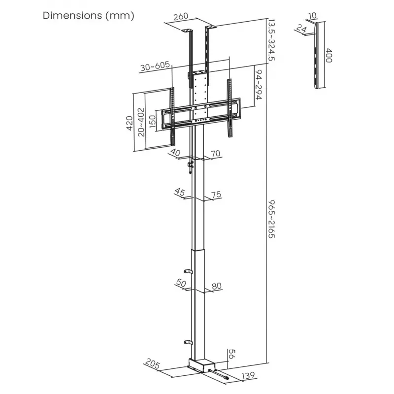 Maclean elektriskais griestu/grīdas stiprinājums, izbīdāms, 43''-88'', VESA 600x400, maks. 60kg, 100-240V AC, 50/60Hz