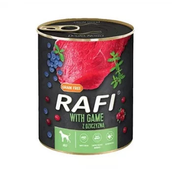 Slapjā suņu barība dolina noteci Rafi Dog brieža gaļa 800 g – konservēta pieaugušo suņu barība, 78% mitruma, 9% olbaltumvielu, 7% tauku