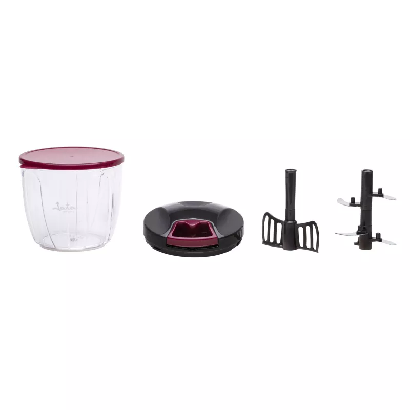 Manuālais virtuves smalcinātājs Jata HMAQ4506 ietilpība 0,9 L nerūsējošā tērauda asmeņi 140 mm augstums 12,5 cm diametrs Melns Sarkans Caurspīdīgs
