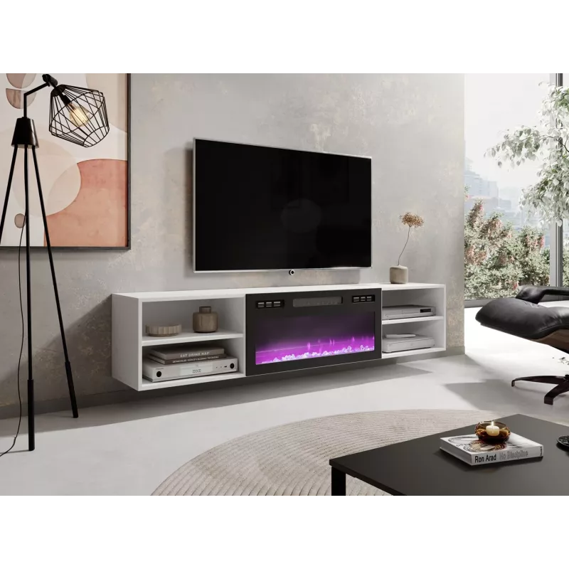 TV skapītis cama meble POLO 180x33x39 cm ar elektrisko kamīnu 1400–1600 W, lamināts, balts/melns