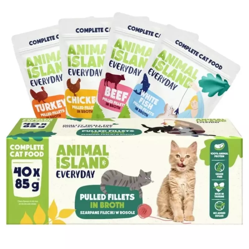 Mitrā kaķu barība Animal island Everyday — liellopu gaļas, vistas, tītara un balto zivju filejas buljonā, 40 x 85 g paciņas
