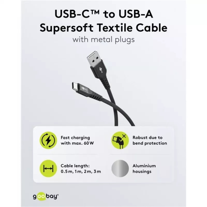 Goobay USB kabelis-C Fabric Supersoft ar metāla savienotājiem, 2 m, melns (2m, USB 2.0, 60W), USB kabelis