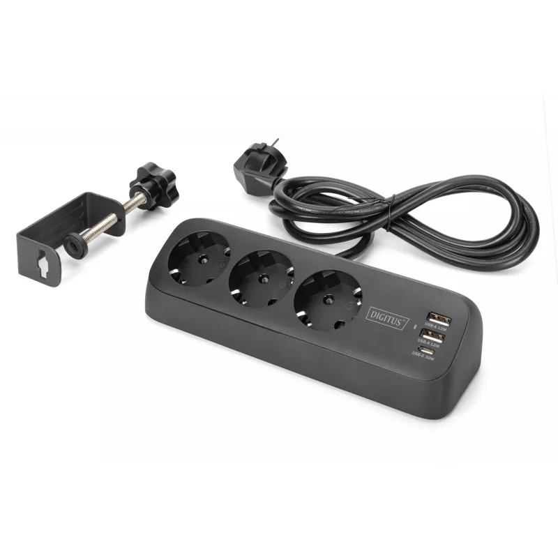 Strāvas sadalītājs DIGITUS 3-vietīgs ar 2×USB-A & 1×USB-C, 3 maiņstrāvas kontaktligzdām Tips E/F, 1,5 m kabelis, melns