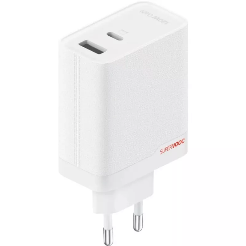 Strāvas adapteris ONEPLUS SUPERVOOC 120W divu pieslēgvietu vadu lādētājs, kopējā izejas jauda 120W, 1x USB-C + 1x USB-A, 100–240V, 145 g, balts