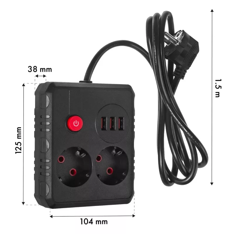 Strāvas sadalītājs MACLEAN MCE387 B — 2 kontaktligzdas, 3×USB A, 110–240 V, 1,5 m kabelis, maks. 2500 W