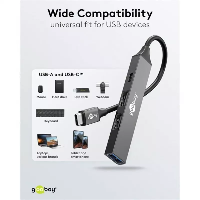 Goobay Slim 4 portu USB centrmezgls, USB-C™ uz USB-C™/USB-A, USB 3.2 (74459)