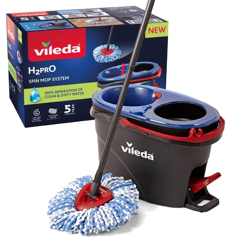 Grīdas mops VILEDA Microfibre 320 mm, teleskopisks kāts 55–123 cm, mazgājams, 360° rotējoša galva, melns/zils/sarkans