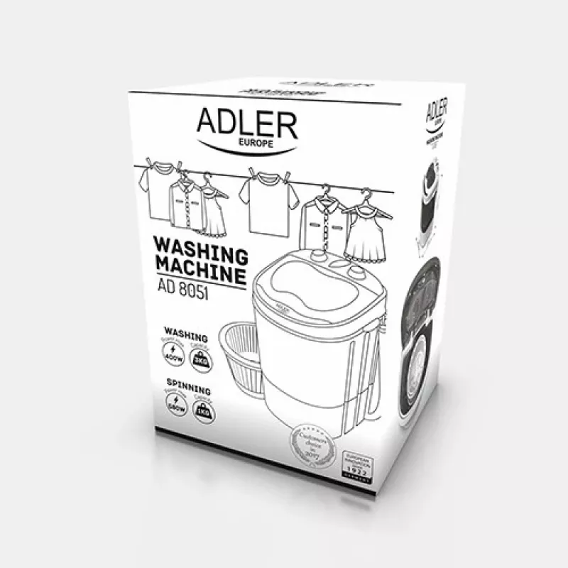 Adler | AD 8051 | Veļas mašīna | Energoefektivitātes klase | Augšas ielāde | Mazgāšanas ietilpība 3 kg | Nenoteikts RPM | Dziļums 37 cm | Platums 38 cm | Balta/Zila