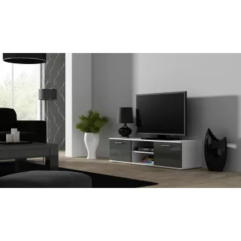 TV statīvs cama meble SOHO 140 — 1400×430×370 mm, balta virsma, skaidu plāksne, balts rāmis, balti/pelēks spīdums
