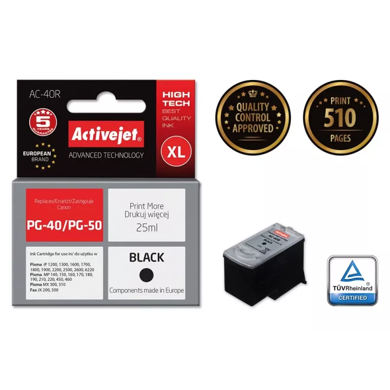 Activejet AC-40R tinte (aizstājējs priekš Canon PG-40; Premium; 25 ml; melna)