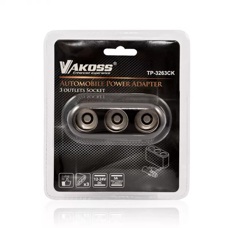 Automašīnas cigarešu aizdedzinātāja sadalītājs VAKOSS TP-3263CK — 1-uz-3 12V strāvas kontaktligzdu adapteris, 3A izeja, melns