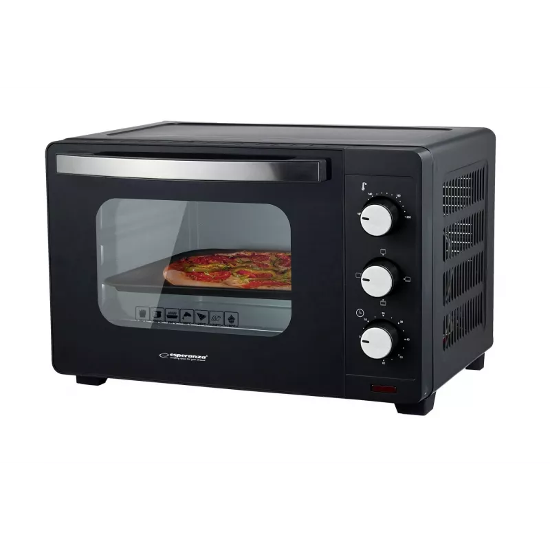 Mini krāsns ESPERANZA EKO008N — 20 L, 1280–1300 W, līdz 230°C, 60 min mehāniskais taimeris, rotācijas vadības pogas, stikla durvis, brīvi stāvoša