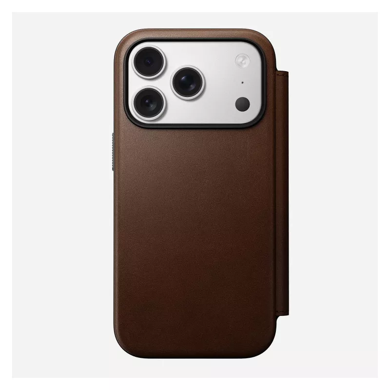 Ādas grāmatiņveida tālruņa vāciņš Nomad Modern Leather Folio iPhone 17 Pro — brūna, der 6,3 collu (16 cm) ekrānam, 4 karšu kabatas