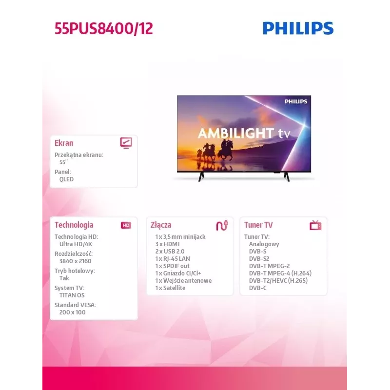 Televizors Philips 55PUS8400/12 QLED 55 collas, energoefektivitātes klase E
