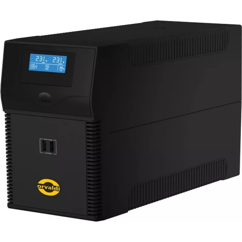 ORVALDI ID2K0CH Line-Interactive 2 kVA / 1200 W bezpārtraukuma barošanas avots, 24 V, 9 Ah akumulatori, LCD, USB, kompakts melns