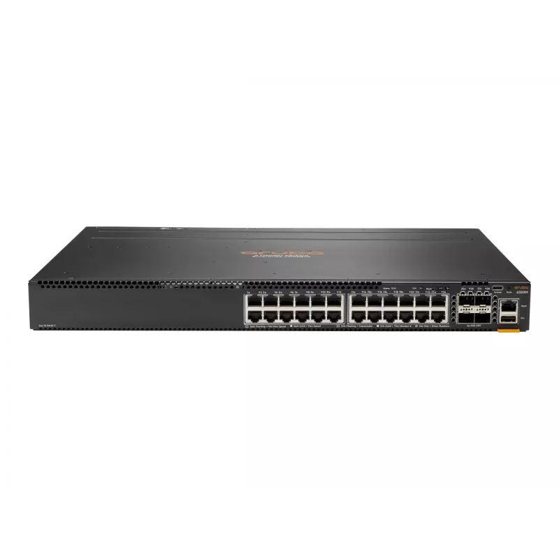 HPE Aruba 6300M - Slēdzis - L3 - pārvaldīts - 24 x 10/100/1000 + 4 x 1 Gigabits / 10 Gigabits / 25 Gigabits / 50 Gigabits SFP56 (Augšupielāde / Sakraušana) - Priekšpuse un Sāni uz Aizmuguri - uz Ra