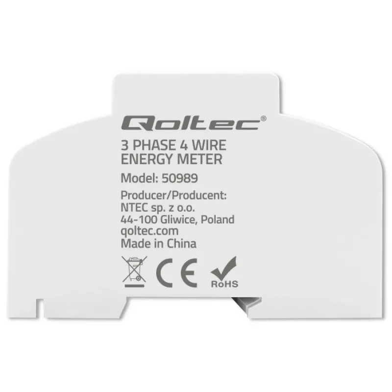 Qoltec Trīsfāzu divvirzienu elektroniskais skaitītājs | DIN sliedes enerģijas patēriņa mērītājs | 400V | 100A | LCD | 4P