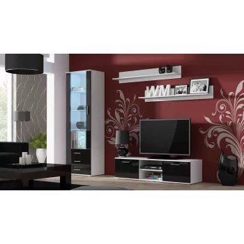 TV statīvs cama meble SOHO 140 — 1400×430×370 mm, balta virsma, skaidu plātne, balts rāmis, melnas spīdīgas fasādes