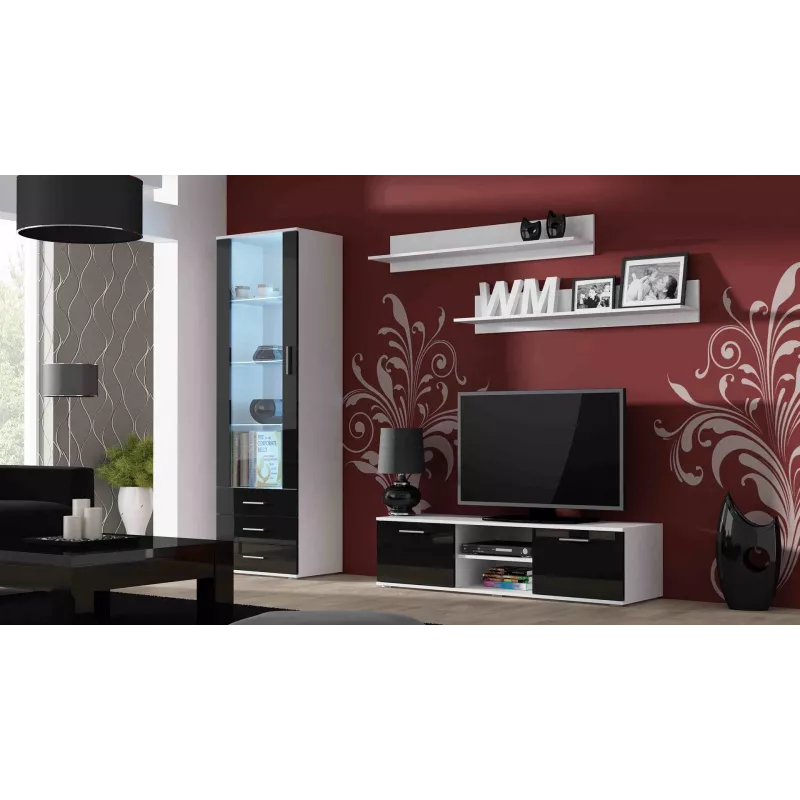 TV statīvs cama meble SOHO 140 — 1400×430×370 mm, balta virsma, skaidu plātne, balts rāmis, melnas spīdīgas fasādes