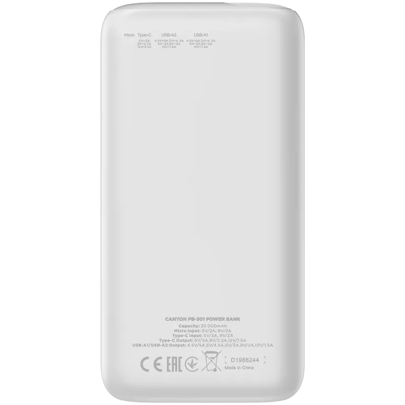 CANYON power bank PB-301 LED 30000 mAh PD 20W QC 3.0 Balts