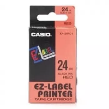 Etiķešu rullis CASIO XR-24RD1 — pašlīmējošas etiķetes melnas uz sarkana, 2.4 cm × 8 m, 1 rullis