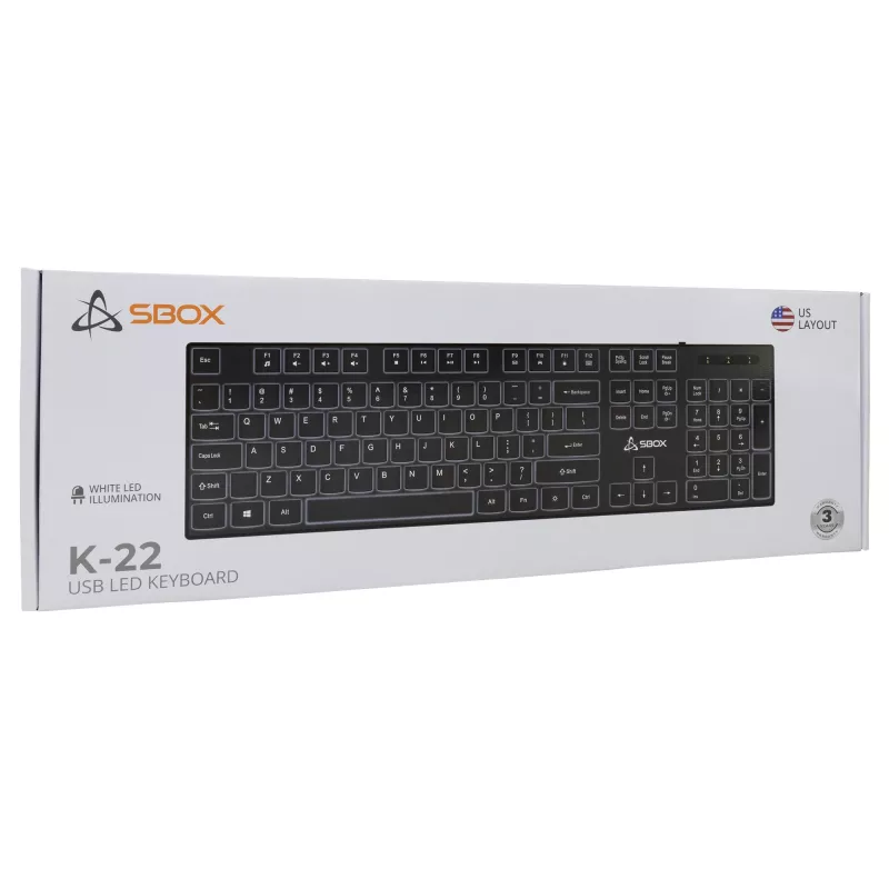Vadu USB tastatūra SBOX K-22 US Melns — ASV izkārtojums, melna, vadu USB savienojums