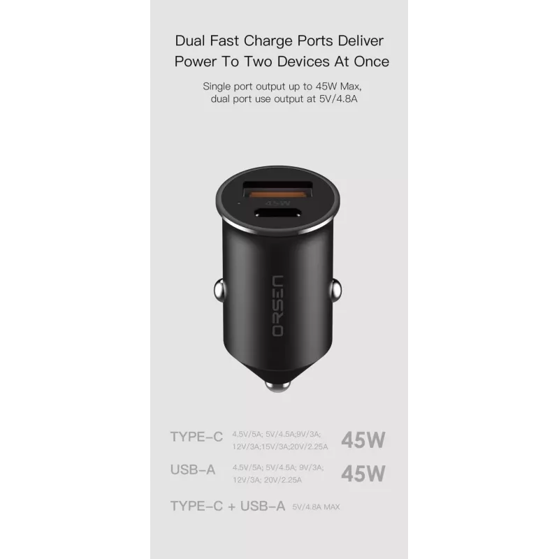 Auto lādētājs Orsen C8 45W — 45 W USB-C PD ātrā uzlāde, melns