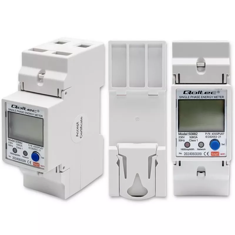 Qoltec 50882 Vienfāzes elektroniskais enerģijas patēriņa skaitītājs DIN sliedei | Wi-Fi | TUYA | 230V | LCD