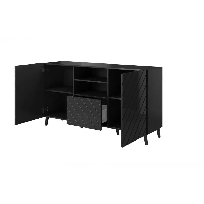 Kumode cama meble ABETO 150x42x82 cm, spīdīgi melna, MDF rāmis, 1 atvilktne