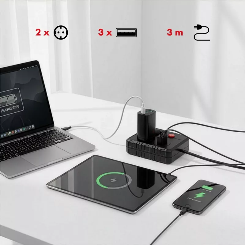 Strāvas sadalītājs MACLEAN MCE388 B — 2 maiņstrāvas rozetes, 3×USB A, 110–120V 50/60Hz, 2500W, 3 m kabelis, melns