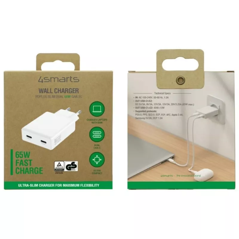 Lādētājs PDPlug Dual 65W GaN 2xUSB-C balts