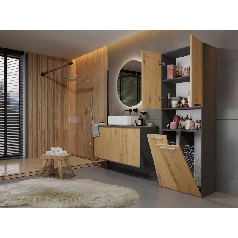 Vannas istabas uzglabāšanas skapis Top e Shop NEL 2K DK ANT/ART KP — Grafīts/Ozols, brīvi stāvošs, 600×300×1740 mm, 3 plaukti