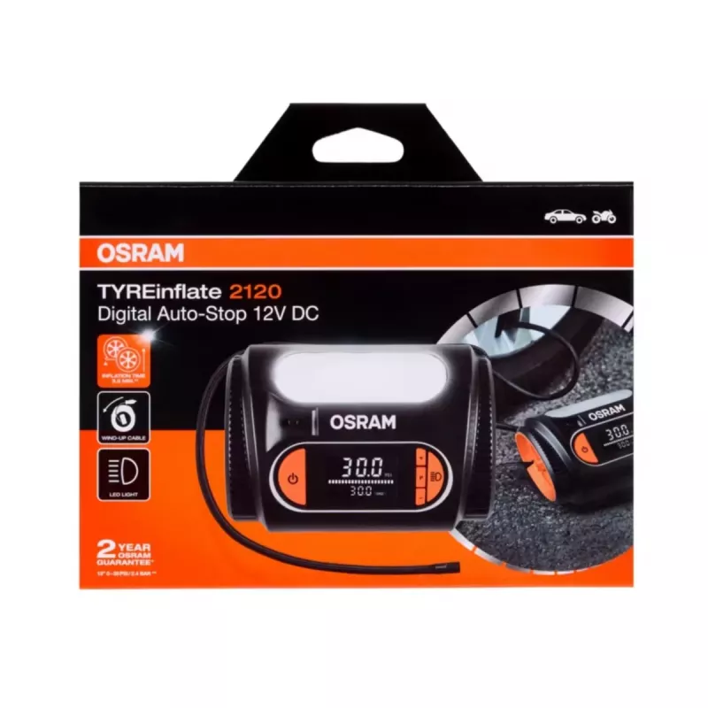 Gaisa kompresors Osram TyreInflate 2120 — kompakts 12 V ar baterijām darbināms riepu piepūtējs (OTI2120)
