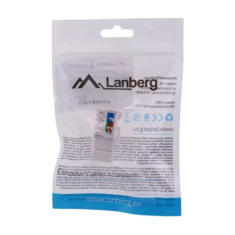 Keystone modulis LANBERG KSU6-1090, Cat6 U/UTP plakans, RJ-45 vīrišķais uz LSA sievišķo, AWG 22/26, 14.5×16.1 mm, balts