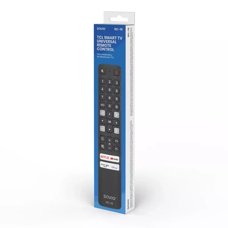 SAVIO universālā TV tālvadības pults RC-15 TCL SMART TV, IR bezvadu, melna, diapazons 10 m