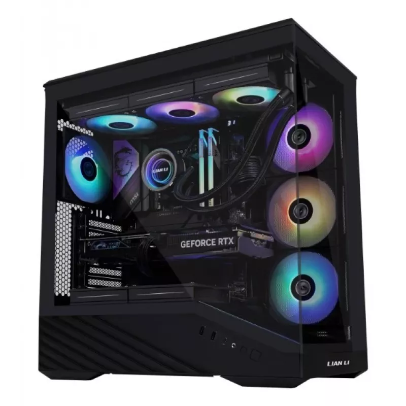 PC Case Lian Li Vector V100 Midi Tower — Melns ar caurspīdīgu paneli, atbalsta 3×120mm sānu + 1×120mm aizmugurējo ventilatoru, 3,5 collu HDD, 2,5 collu SSD, 235,5×446×484,6 mm
