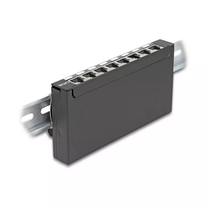 Ielāpu panelis DELOCK Mini Desktop RJ45 8 portu Cat.6A ekranēts melns galda, sienas vai DIN sliedes montāžai