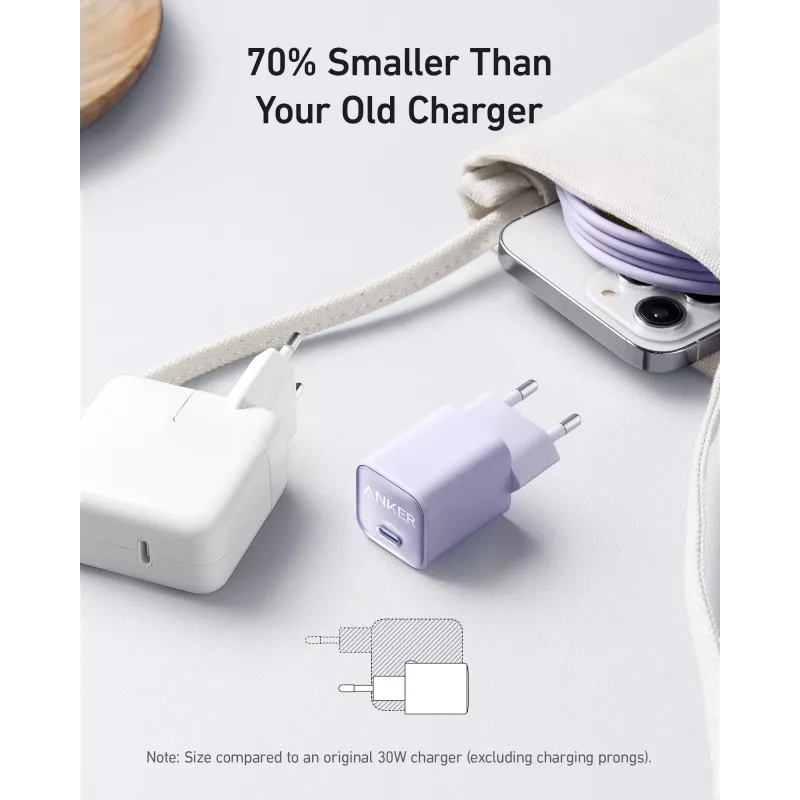 Iekštelpu maiņstrāvas lādētājs Anker 511 Nano 3 — 30W, 1× USB-C, 100–240V, Melns