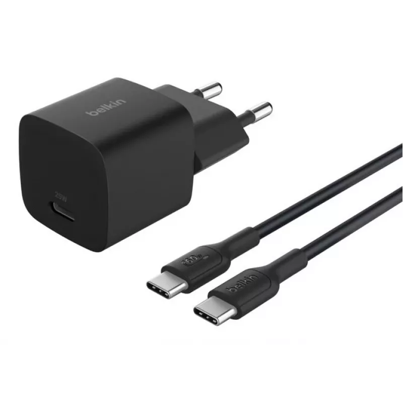 Maiņstrāvas iekštelpu lādētājs Belkin BoostCharge 25W USB-C PD/PPS, 1 m kabelis, melns — spēļu konsolēm, viedtālruņiem, planšetdatoriem