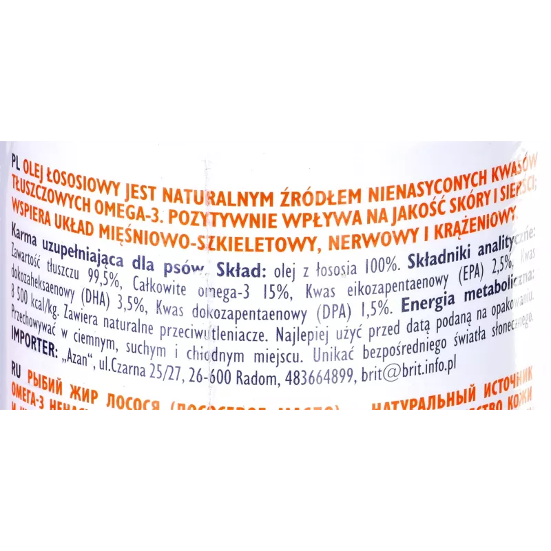 Uztura eļļa mājdzīvniekiem Brit Care BRIT 1000 ml — ādas un apmatojuma papildinājums suņiem un kaķiem, 1 L pudele
