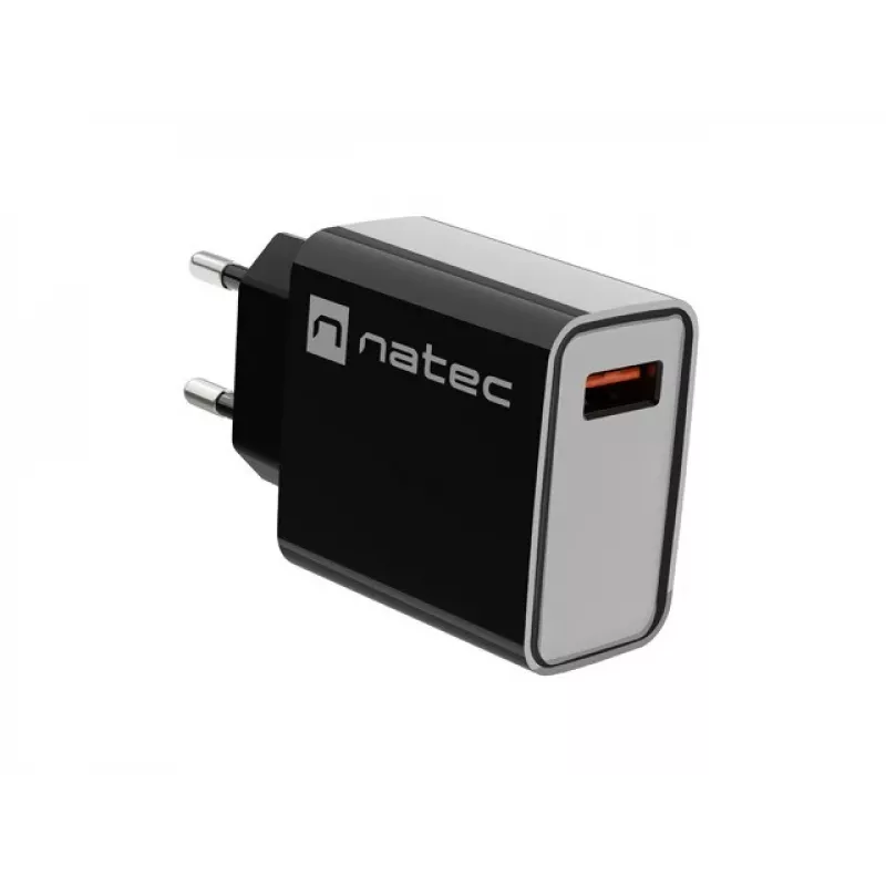 NATEC maiņstrāvas ātrās uzlādes iekštelpu vadu lādētājs Ribera — 18W (5–15V, līdz 3A), 1× USB-A, Huawei FCP/SCP, melns
