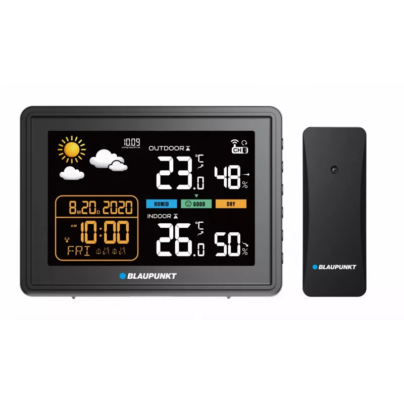 Laika stacija BLAUPUNKT WS30BK ar bezvadu āra sensoru, krāsu LCD, pulksteni, modinātāju, barometru, °C, 1 sensors