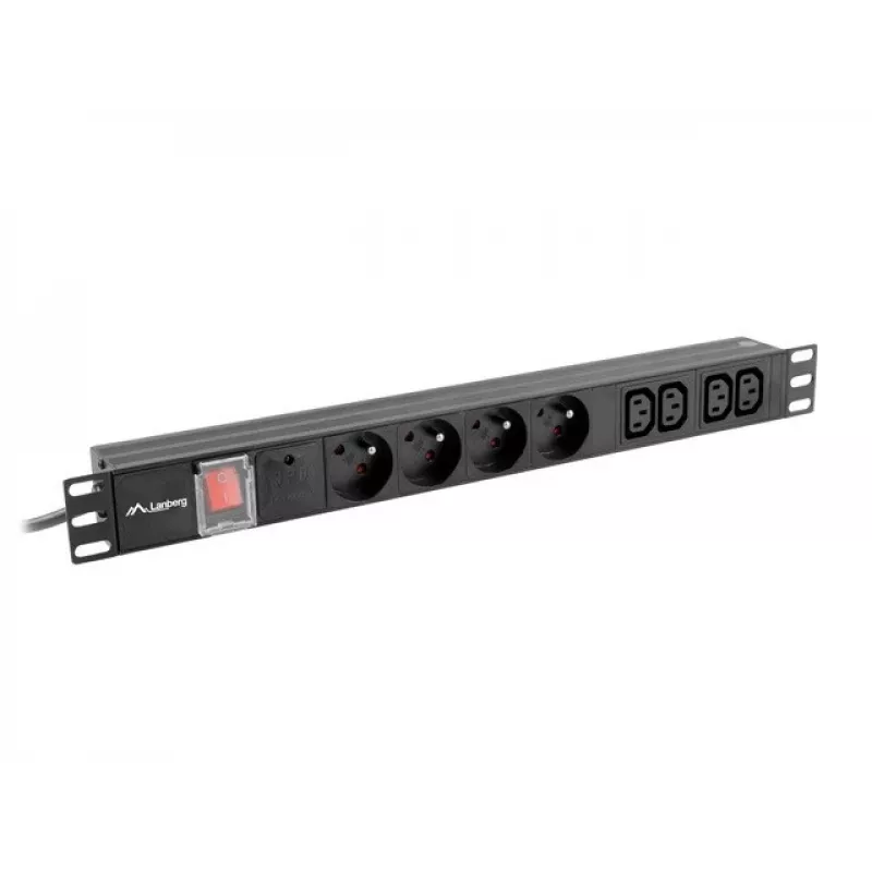 Strāvas sadales bloks LANBERG PDU-04E04I-0200-BK — 4× C13 ligzdas, 16 A, 220–250 V, 2 m kabelis, 1U horizontāls, melns