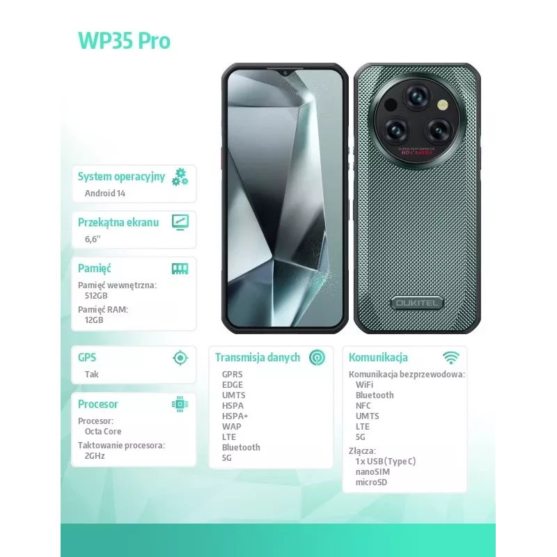 Viedtālrunis Oukitel WP35 Pro 6,52 collas 12GB/512GB Zaļš