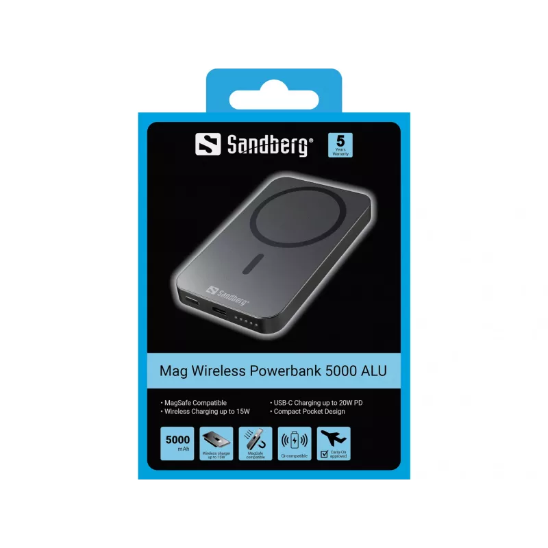 Pārnēsājams ārējais akumulators Sandberg Mag Wireless Powerbank 5000 ALU, 5000 mAh