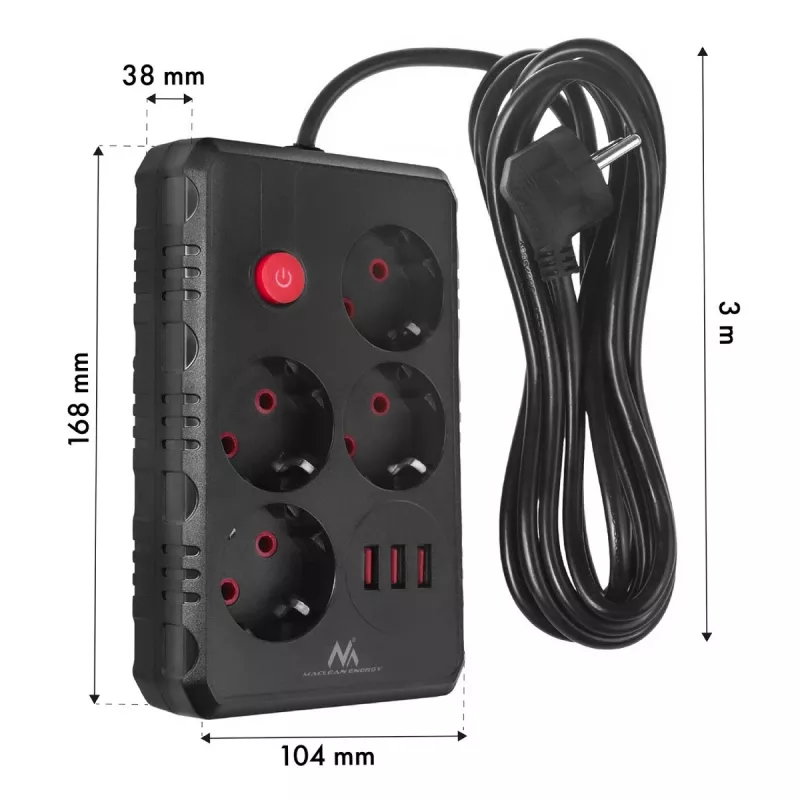 Pagarinātājs MACLEAN MCE393 B — 4 rozetes, 3×USB, 110–240V, 2500W, 3 m kabelis, melns