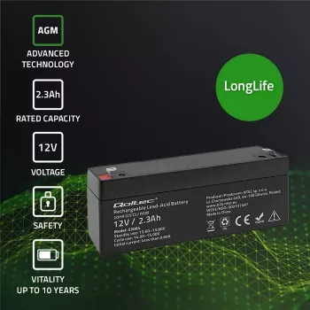 Hermētiska AGM baterija QOLTEC 12V 2.3Ah UPS un rezerves sistēmām, maksimālā izlāde 34.5A