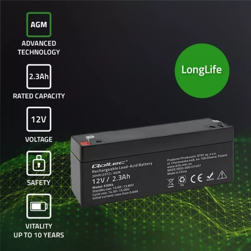 Hermētiska AGM baterija QOLTEC 12V 2.3Ah UPS un rezerves sistēmām, maksimālā izlāde 34.5A
