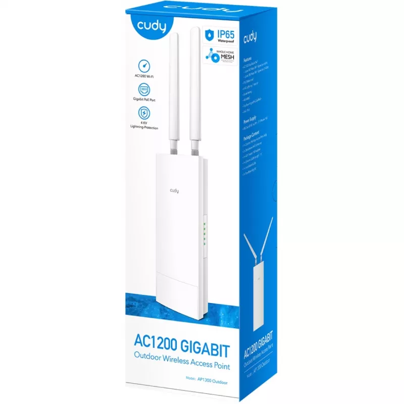 Piekļuves punkts Cudy AP1300 Outdoor — divjoslu 2.4/5 GHz, 300/867 Mbit/s, IP65, PoE, 2 ārējās RP‑SMA antenas